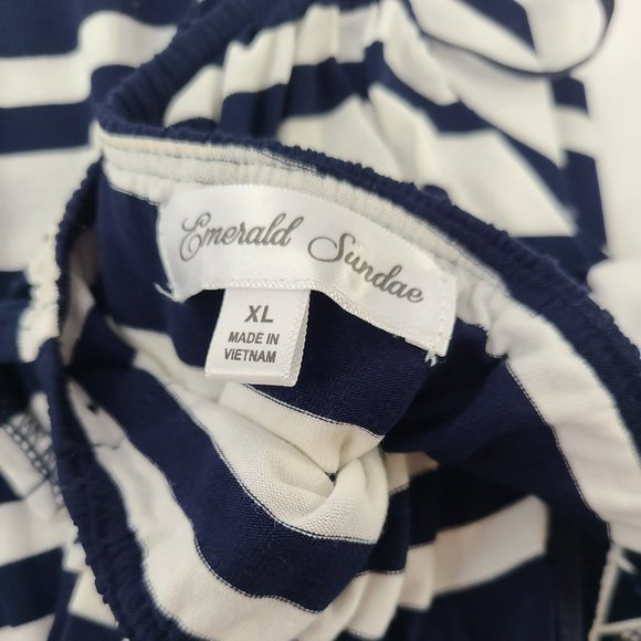 EUC Emerald Sundae Cold/Off Shoulder Womens Sz XL Navy Blue White Striped Dress - Picture 6 of 8